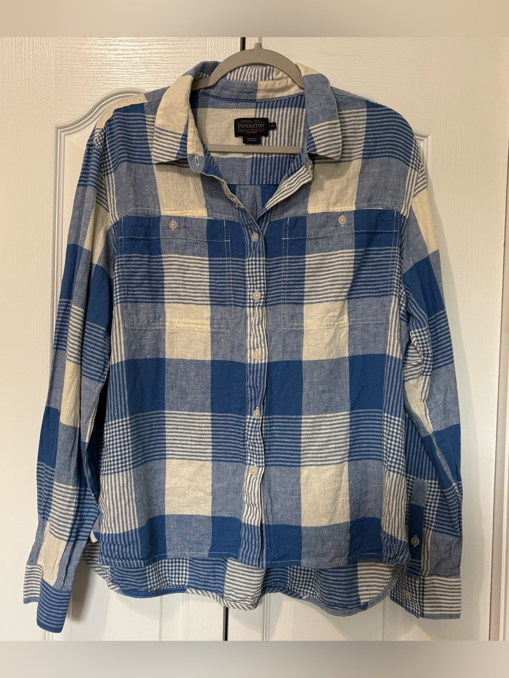 Pendleton Blue & Cream Plaid Casual Button-Down Shirt Women’s XL Linen Rayon
